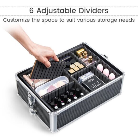 New 5-in-1 Rolling Makeup Train Case, Pro Aluminum Beauty Organizer - Black - Picture 7 of 9